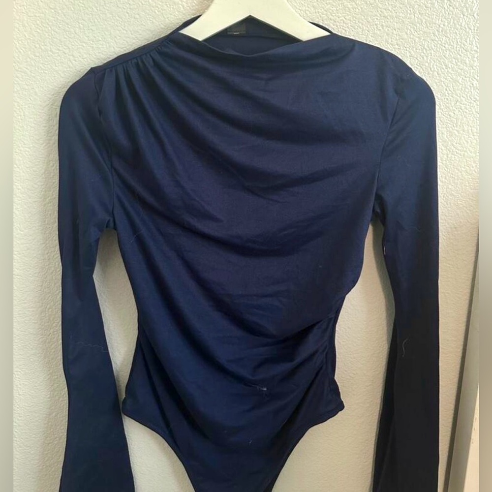 Navy Blue Ruched Asymmetrical Long Bell Sleeve Bodysuit - Picture 8 of 9